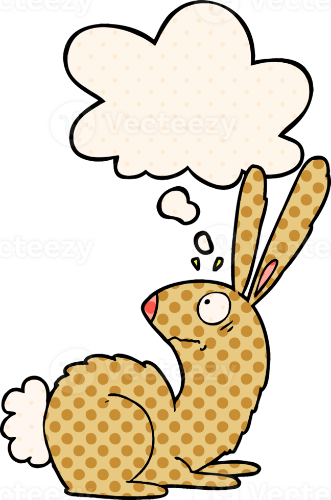 cartoon startled bunny rabbit with thought bubble in comic book style png