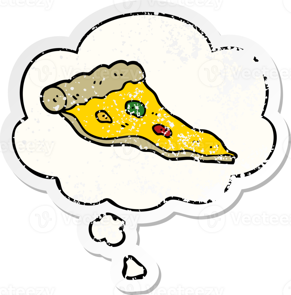 cartoon pizza with thought bubble as a distressed worn sticker png