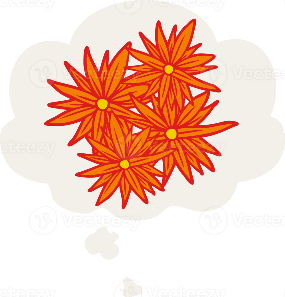 cartoon bright flowers with thought bubble in retro style png