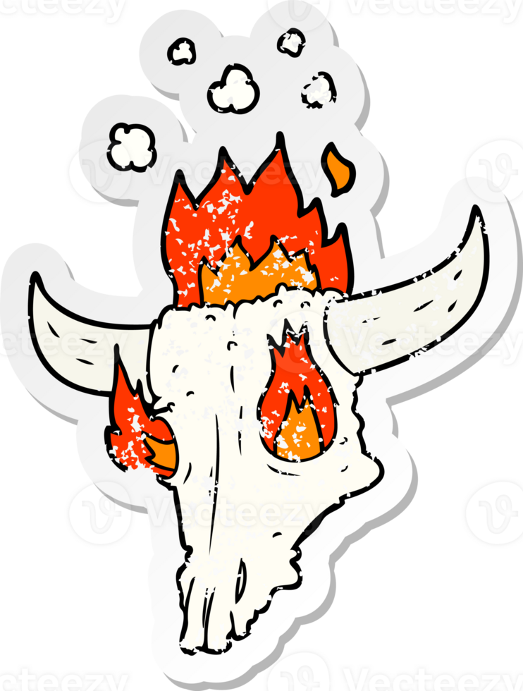 distressed sticker of a spooky flaming animals skull cartoon png