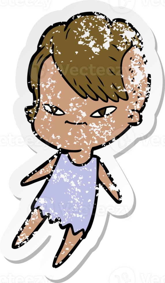 verontruste sticker van een schattig tekenfilmmeisje met hipster-kapsel png