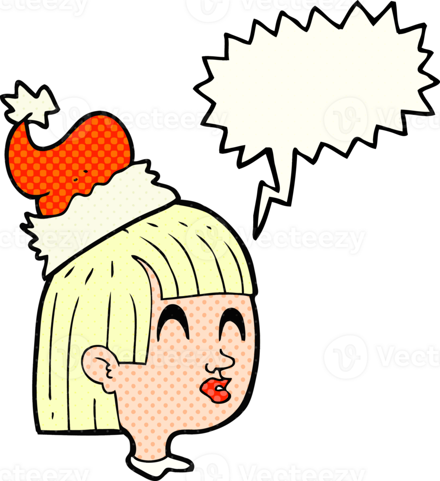 hand drawn comic book speech bubble cartoon girl wearing christmas hat png