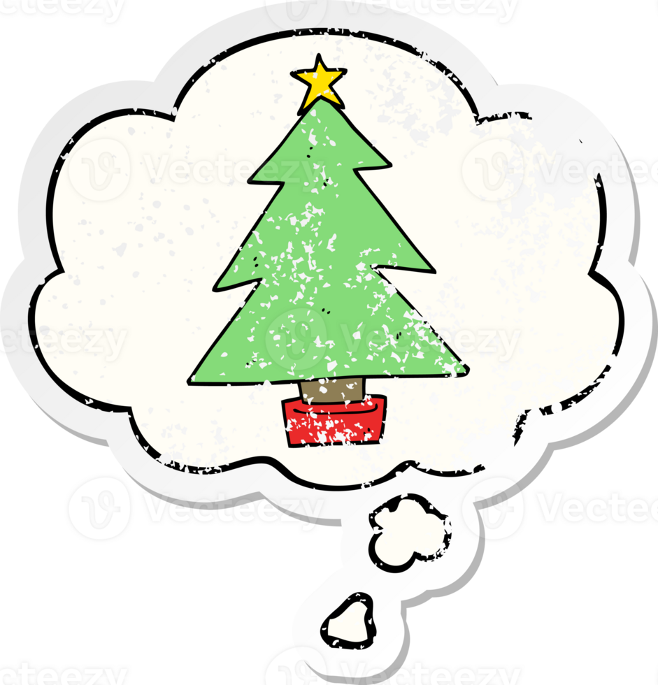 cartoon christmas tree with thought bubble as a distressed worn sticker png