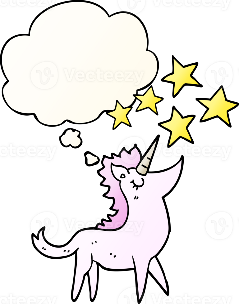 dibujos animados unicornio con pensamiento burbuja en suave degradado estilo png