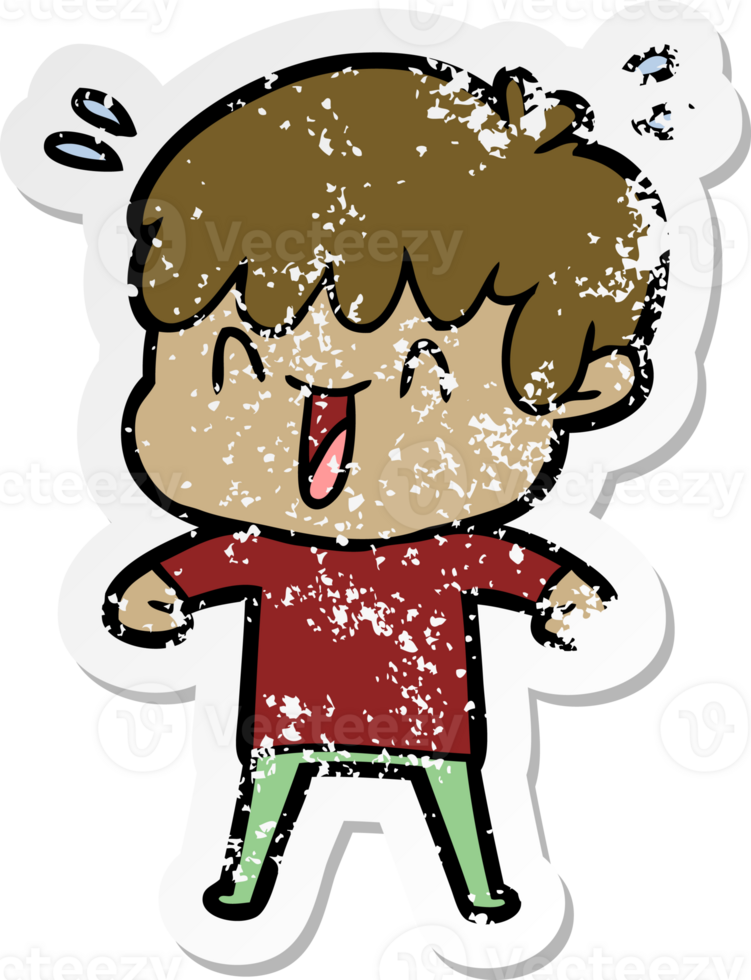 distressed sticker of a cartoon laughing boy png
