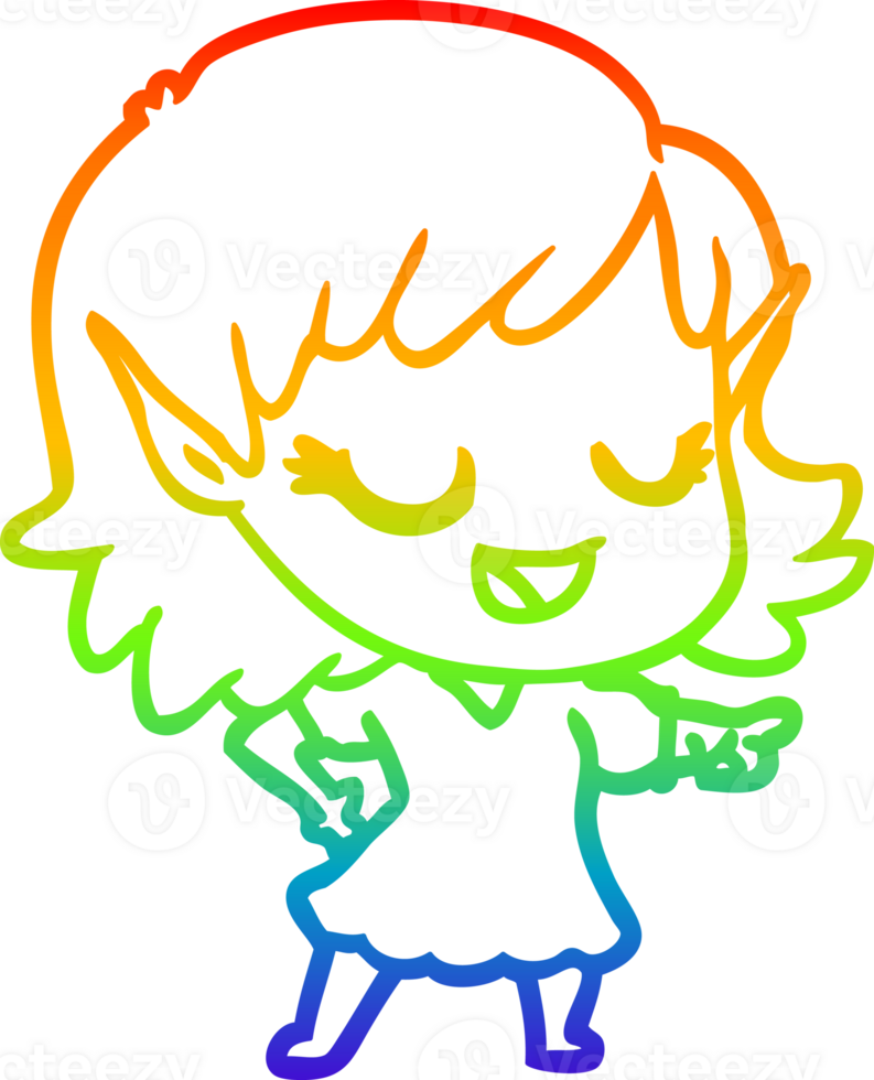 rainbow gradient line drawing of a happy cartoon elf girl png