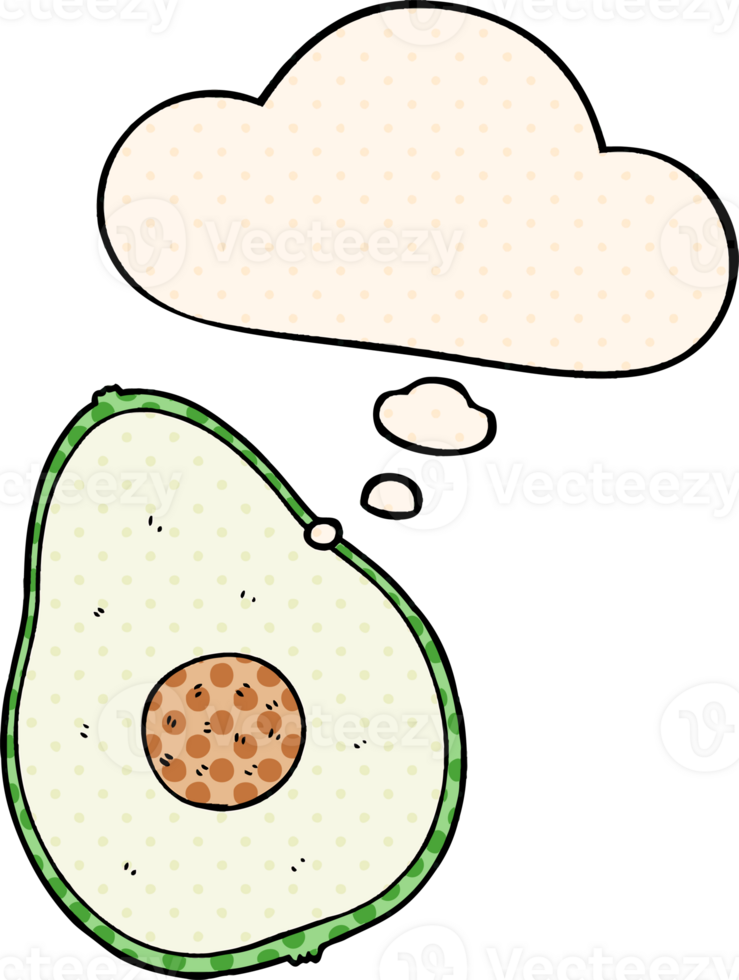 cartoon avocado with thought bubble in comic book style png