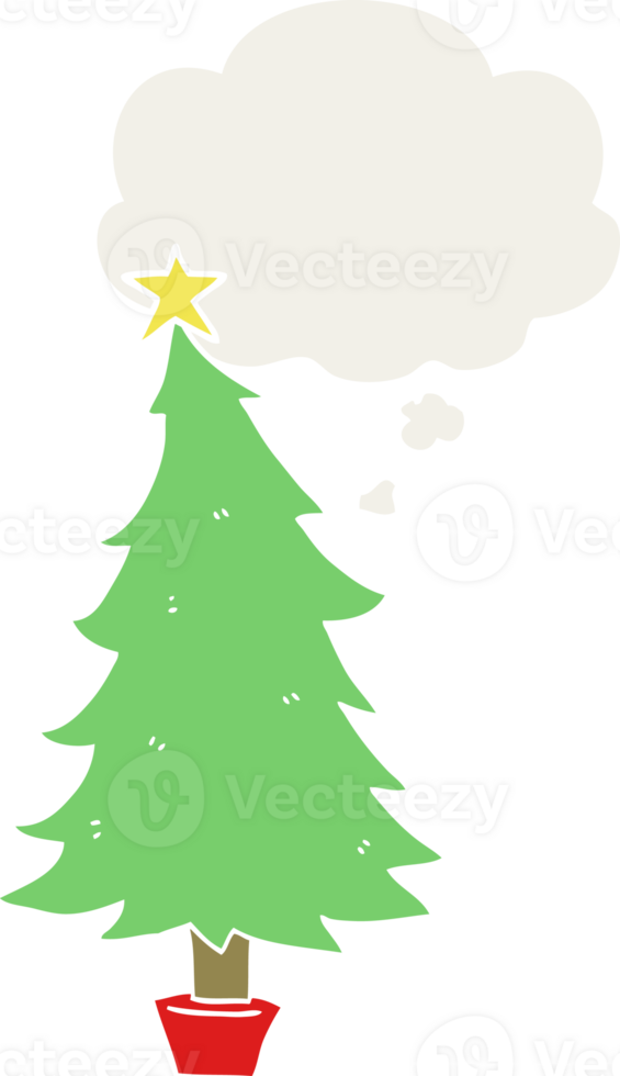 cartoon christmas tree with thought bubble in retro style png