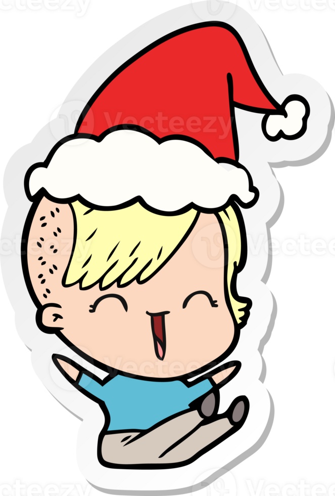 hand drawn sticker cartoon of a happy hipster girl wearing santa hat png