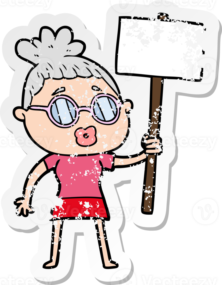 distressed sticker of a cartoon protester woman wearing spectacles png