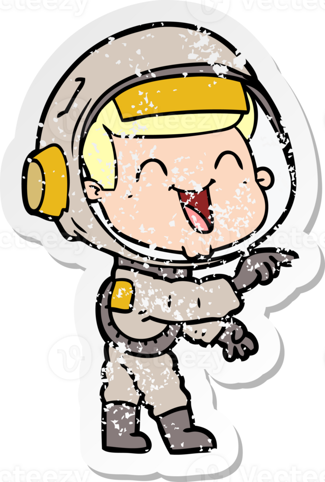 distressed sticker of a happy cartoon astronaut png