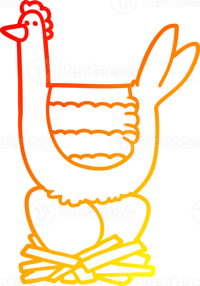 warm gradient line drawing of a cartoon chicken sitting on eggs in nest png