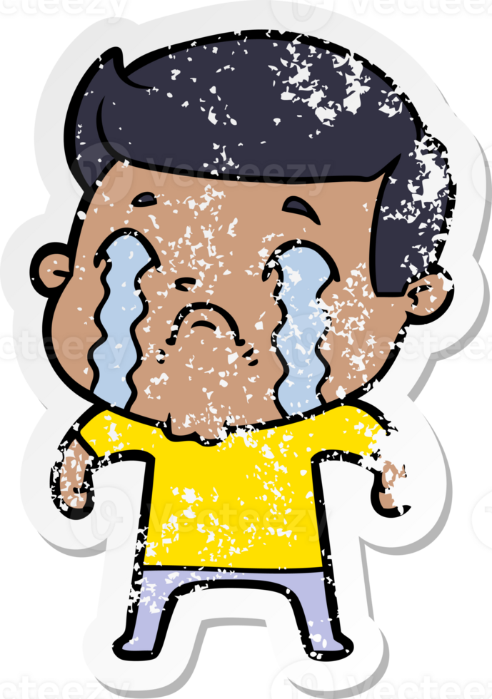 distressed sticker of a cartoon man crying png