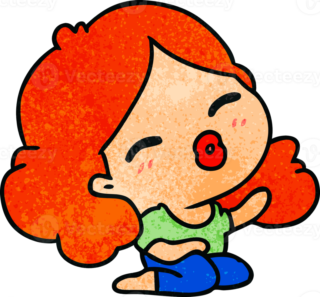 hand drawn textured cartoon of cute kawaii girl png