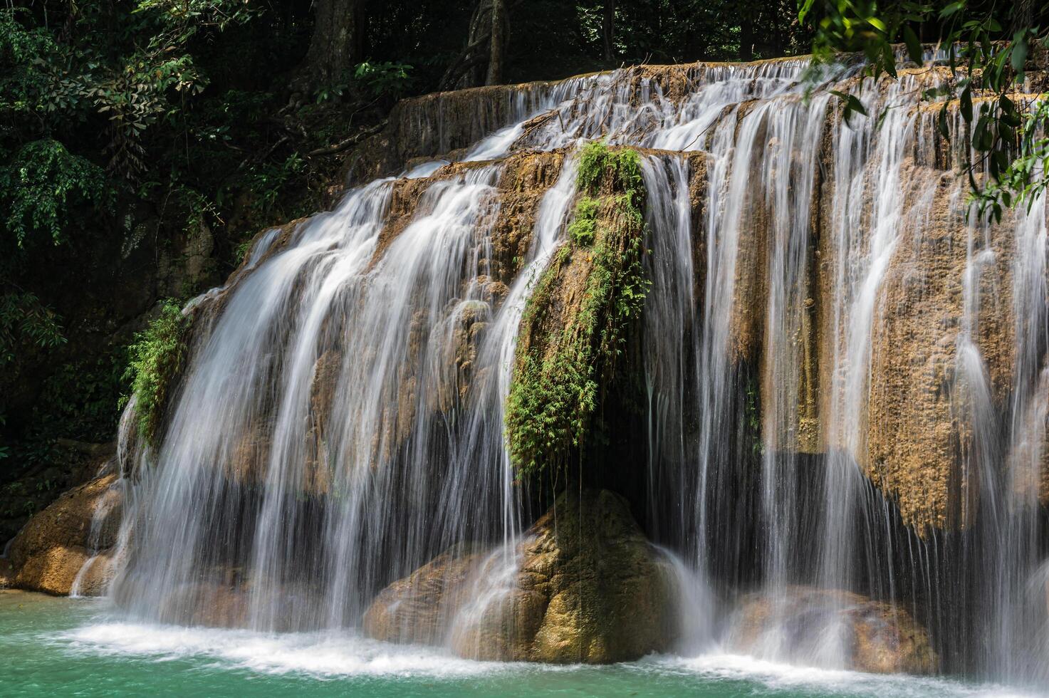 Landscape view of Erawan waterfall kanchanaburi thailand.Erawan National Park is home to one of the most popular falls in the thailand.second  floor of erawan waterfall Wang Macha photo