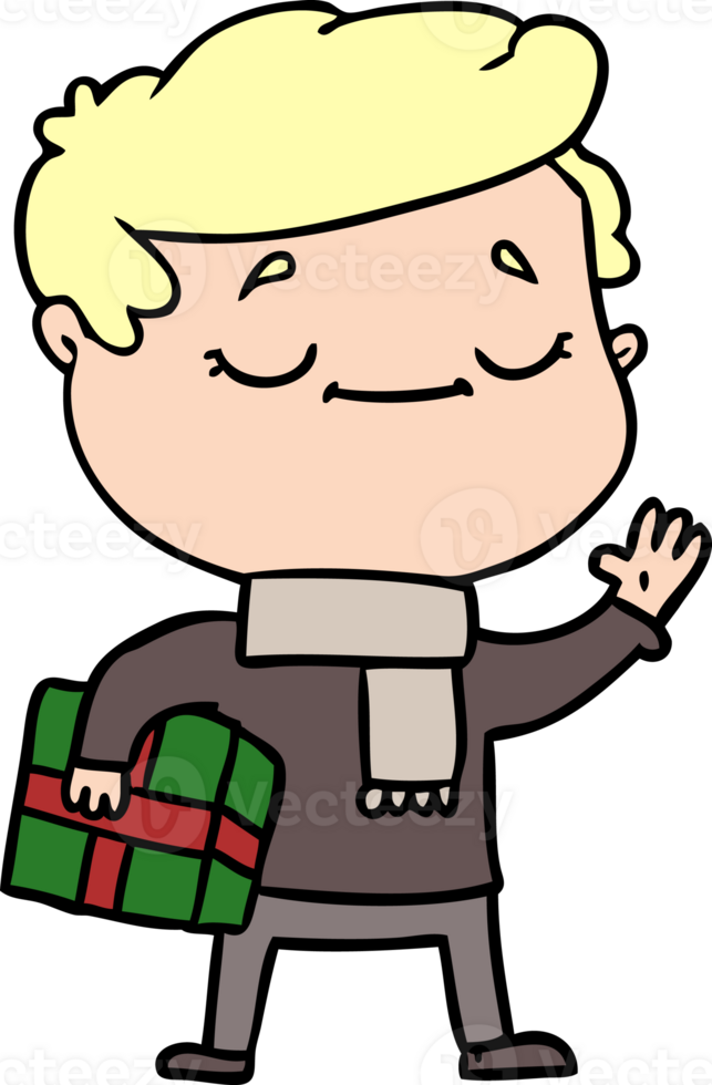 cartoon man carrying christmas present waving png