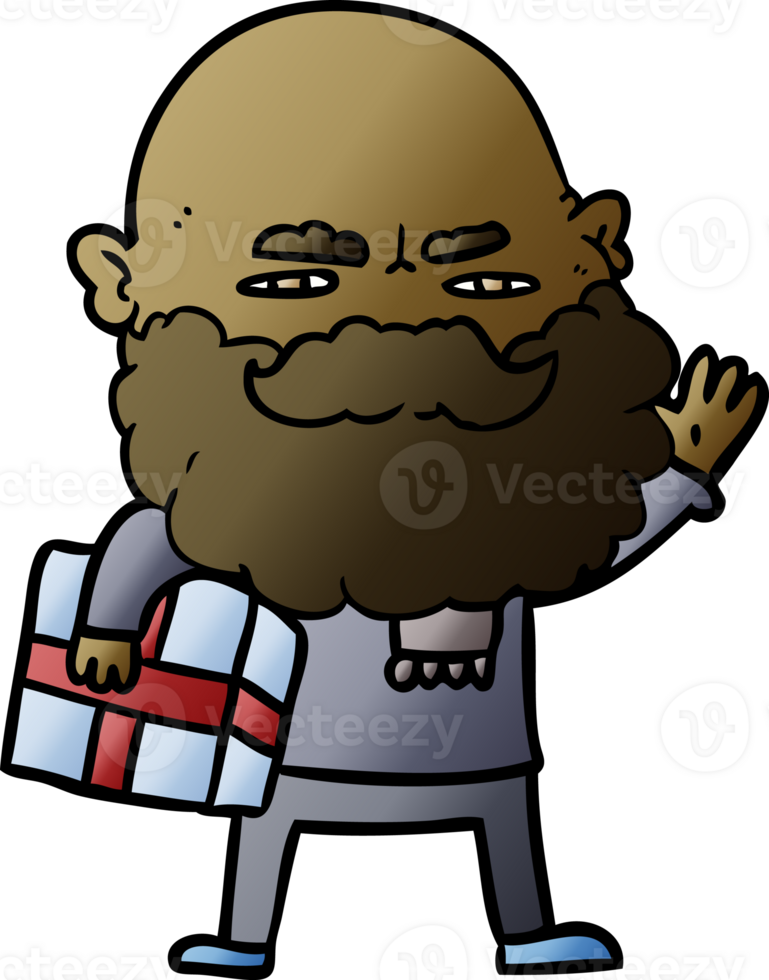 cartoon man with beard frowning with xmas gift png