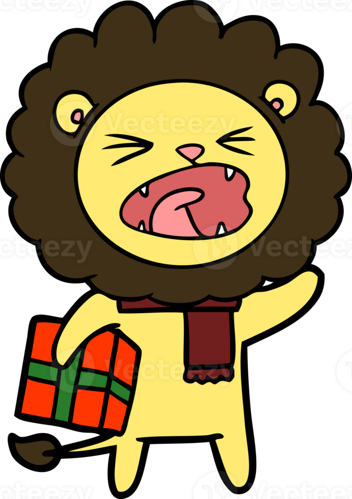 cartoon lion with christmas present png
