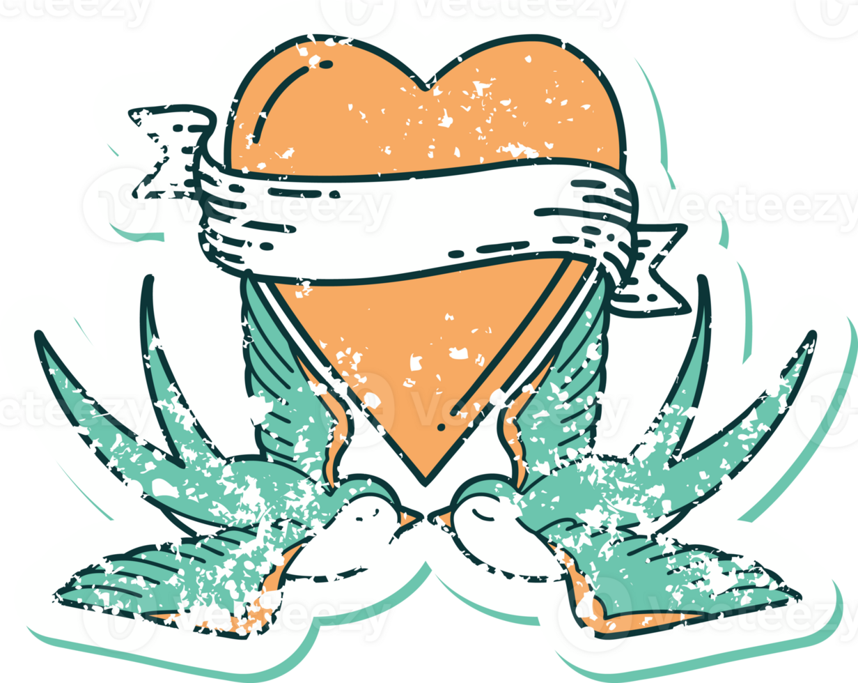 iconic distressed sticker tattoo style image of swallows and a heart with banner png