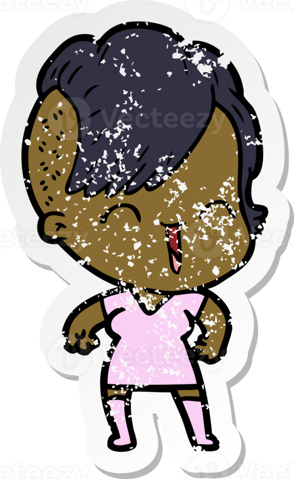 distressed sticker of a cartoon happy hipster girl png