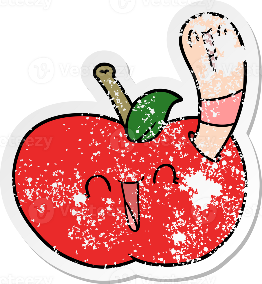 distressed sticker of a cartoon worm in happy apple png