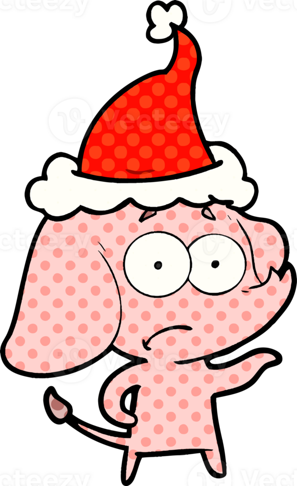 hand drawn comic book style illustration of a unsure elephant wearing santa hat png