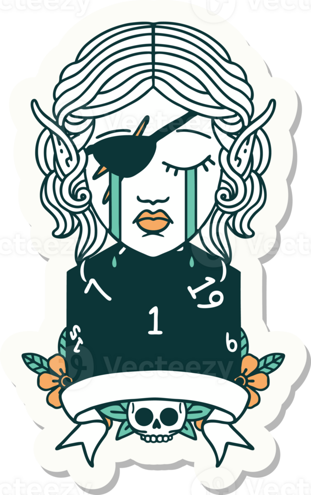 sticker of a crying elf rogue character with natural one D20 roll png