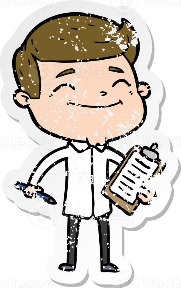distressed sticker of a happy cartoon man taking survey png