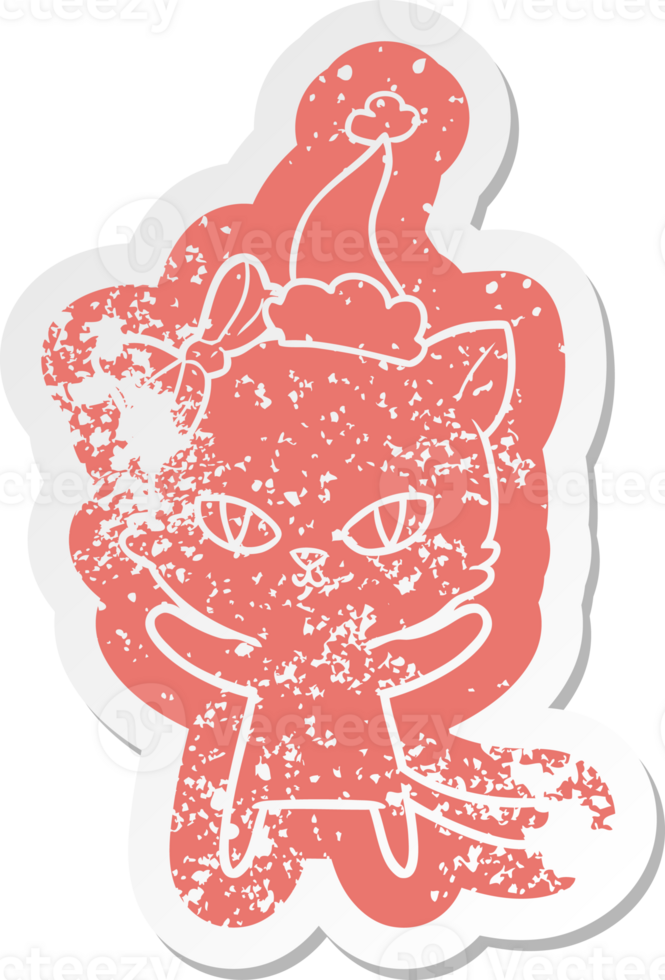 cute quirky cartoon distressed sticker of a cat wearing santa hat png