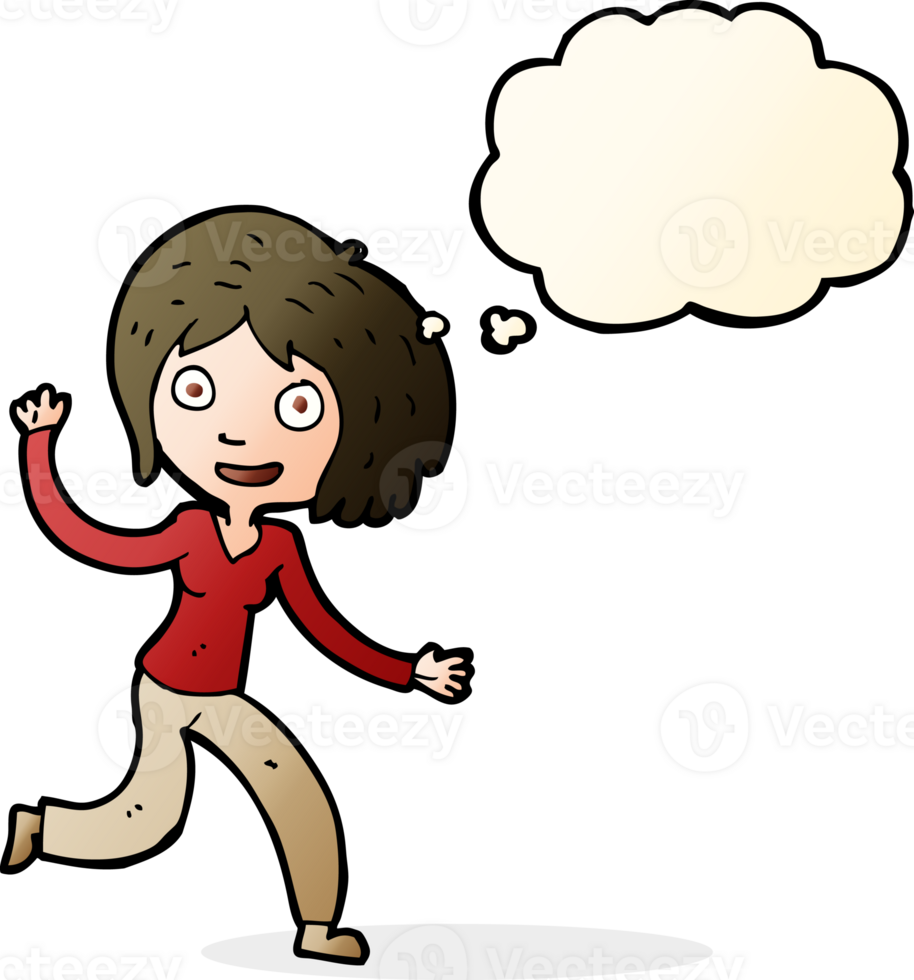 cartoon happy waving girl with thought bubble png
