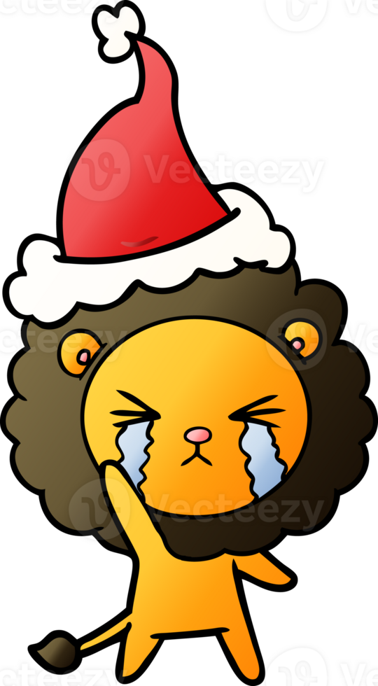 hand drawn gradient cartoon of a crying lion wearing santa hat png