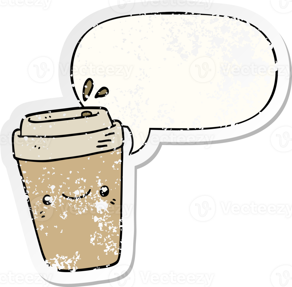 tekenfilm meenemen koffie met toespraak bubbel verontrust verontrust oud sticker png