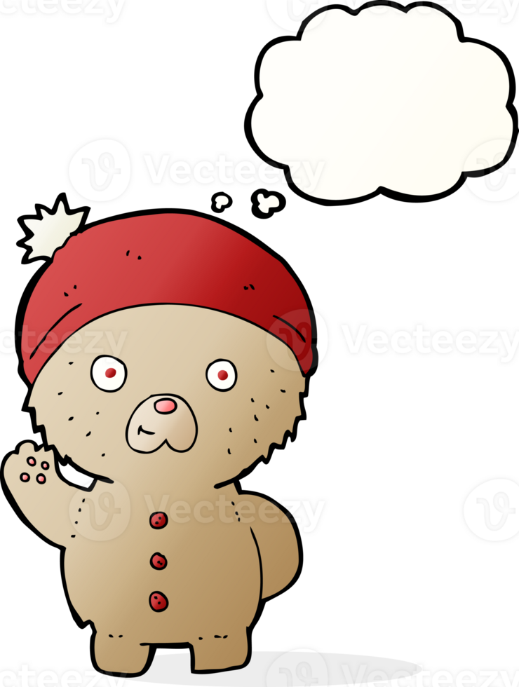 cartoon waving teddy bear in winter hat with thought bubble png
