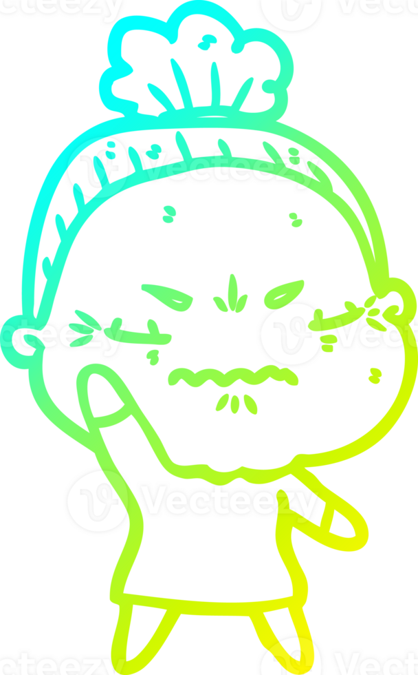 cold gradient line drawing of a cartoon annoyed old lady png