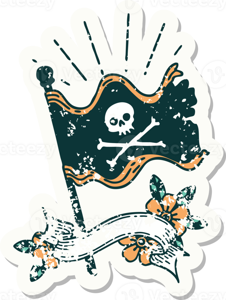 worn old sticker of a tattoo style waving pirate flag png