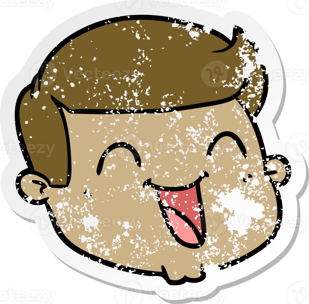 distressed sticker of a happy cartoon male face png