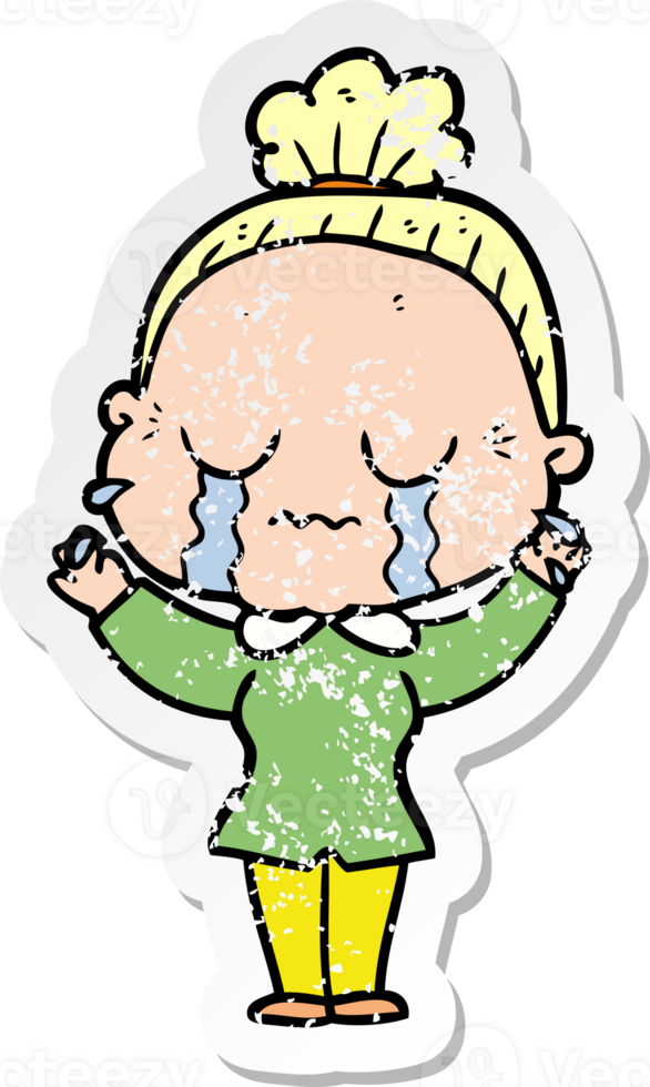 distressed sticker of a cartoon crying old lady png