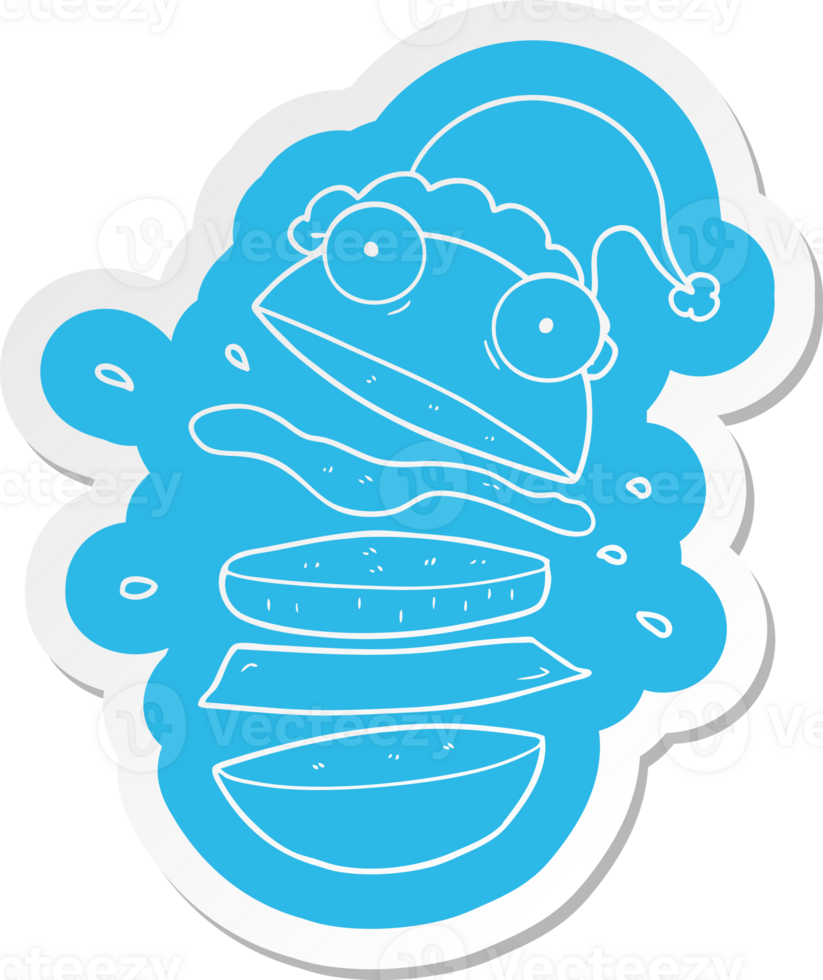 quirky cartoon  sticker of a amazing burger wearing santa hat png