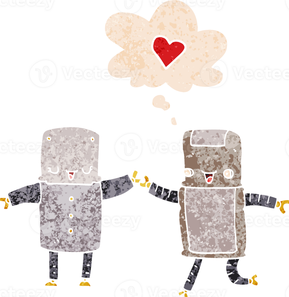 cartoon robots in love with thought bubble in grunge distressed retro textured style png