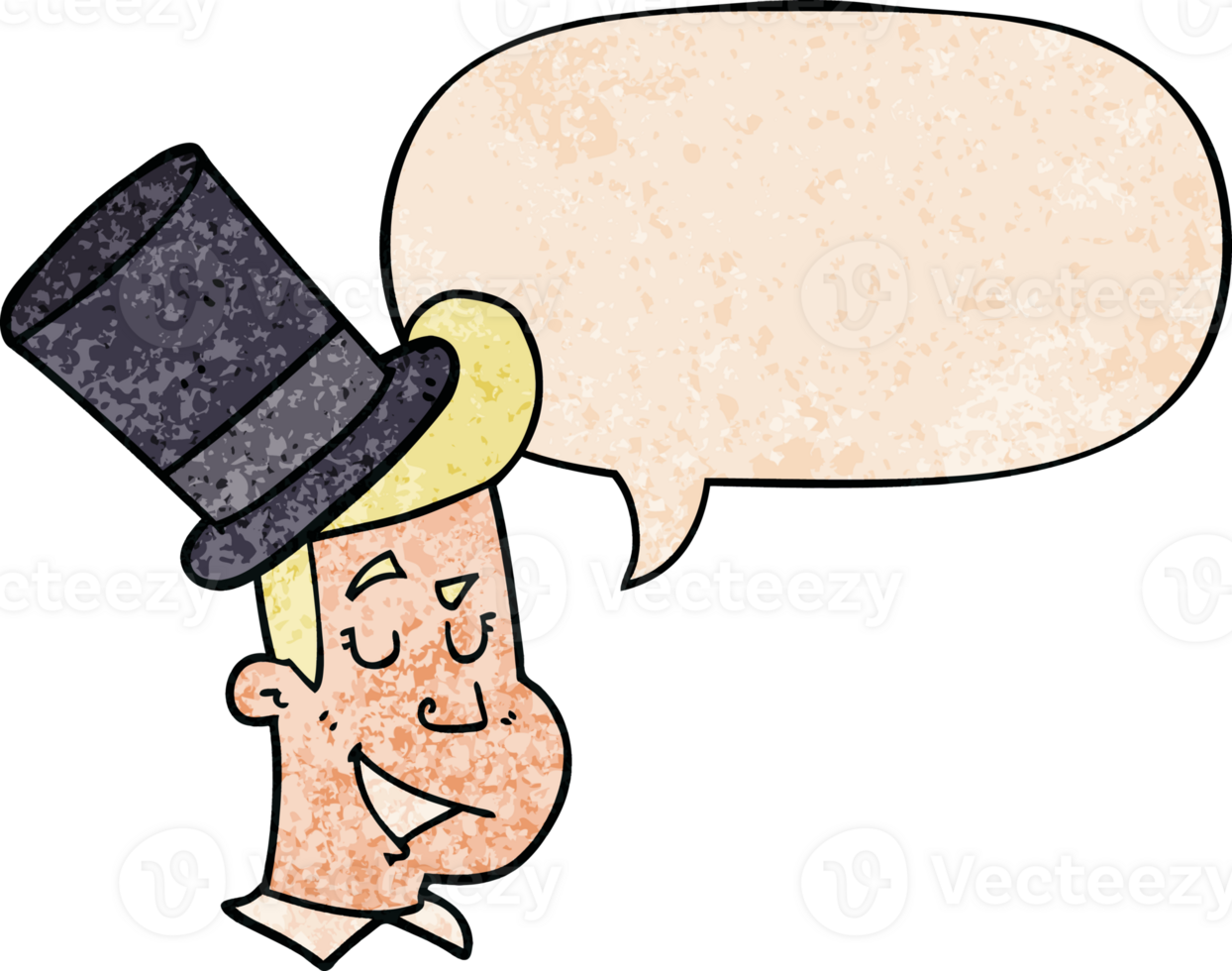 cartoon man wearing top hat with speech bubble in retro texture style png
