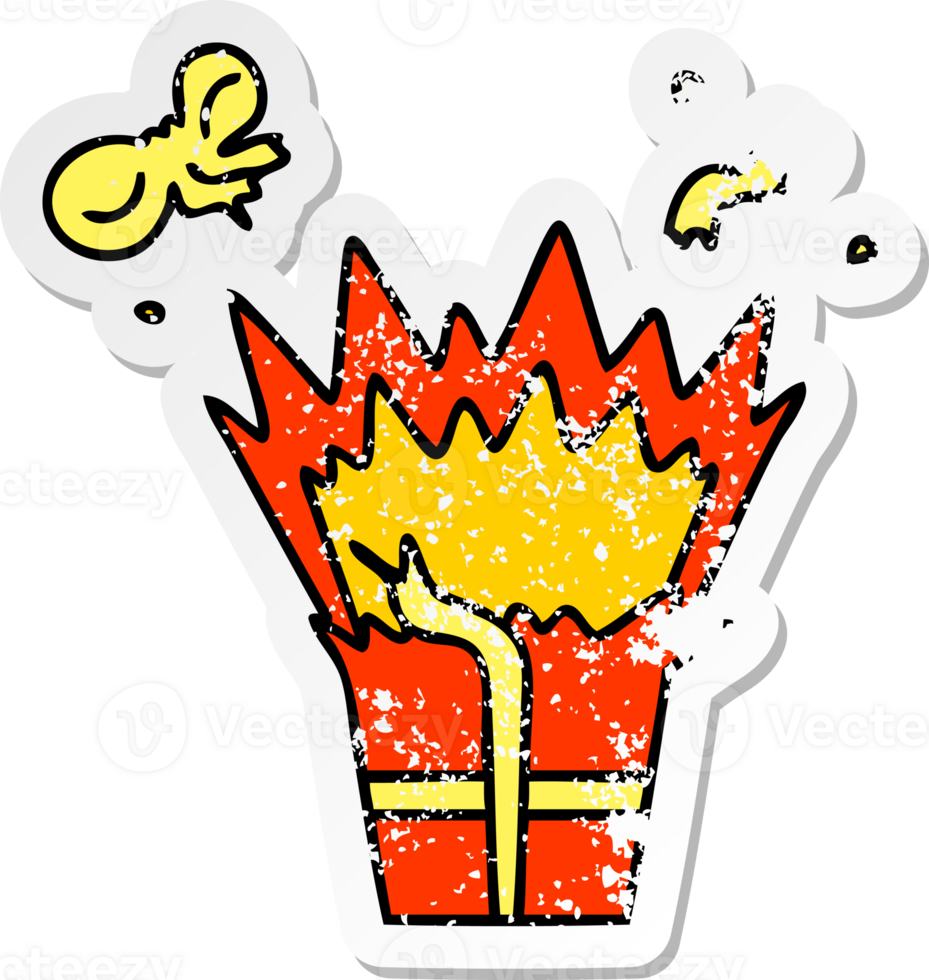 distressed sticker of a quirky hand drawn cartoon of an explosive present png