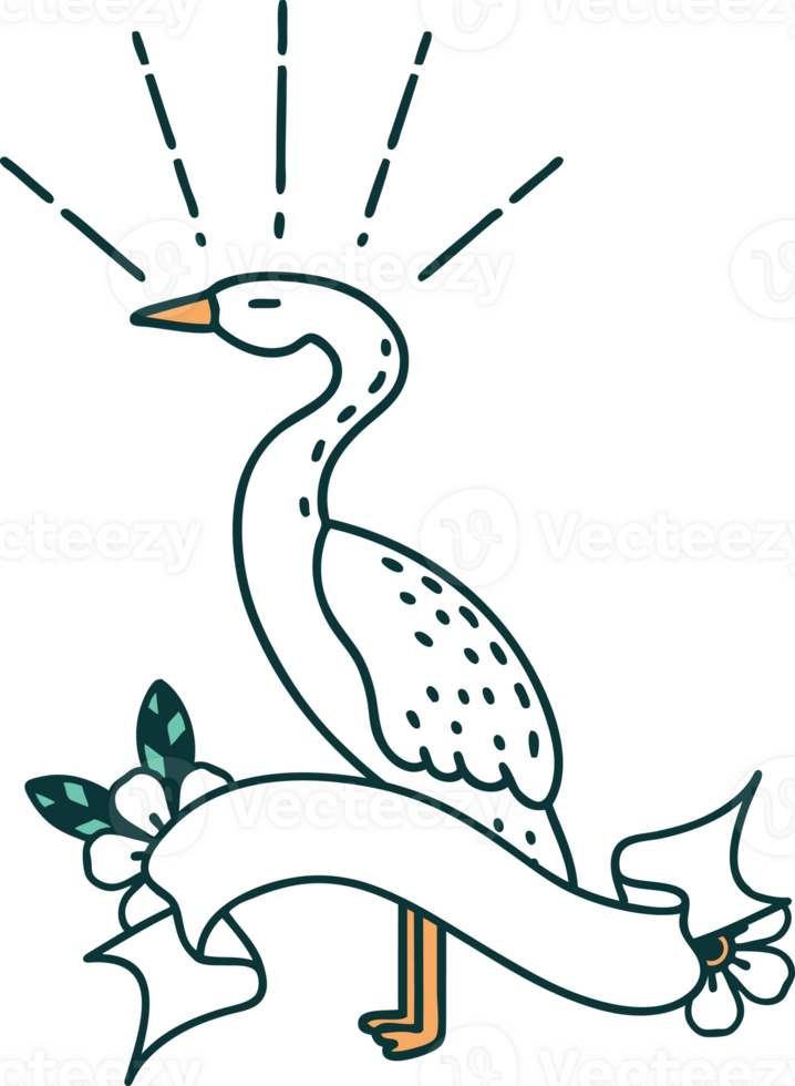 scroll banner with tattoo style standing stork png