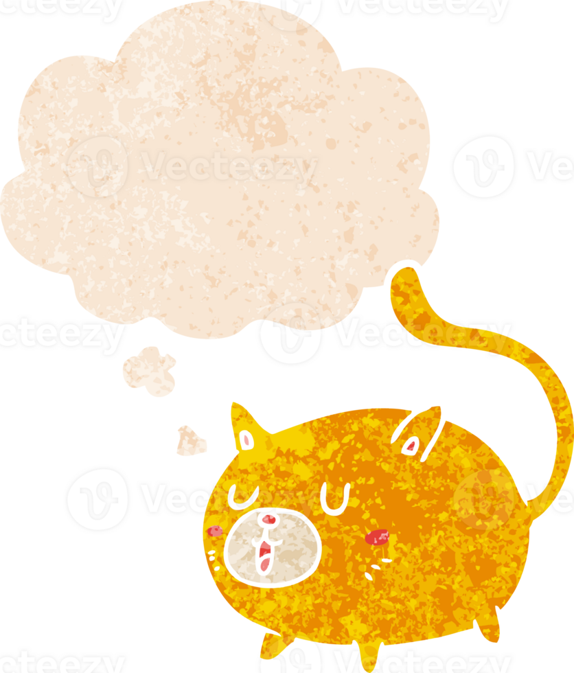 dibujos animados contento gato con pensamiento burbuja en grunge afligido retro texturizado estilo png