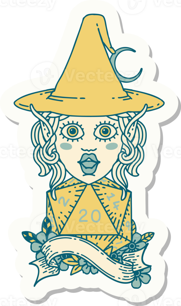 sticker of a elf mage character with natural twenty dice roll png