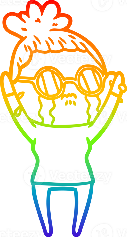rainbow gradient line drawing of a cartoon crying woman wearing spectacles png