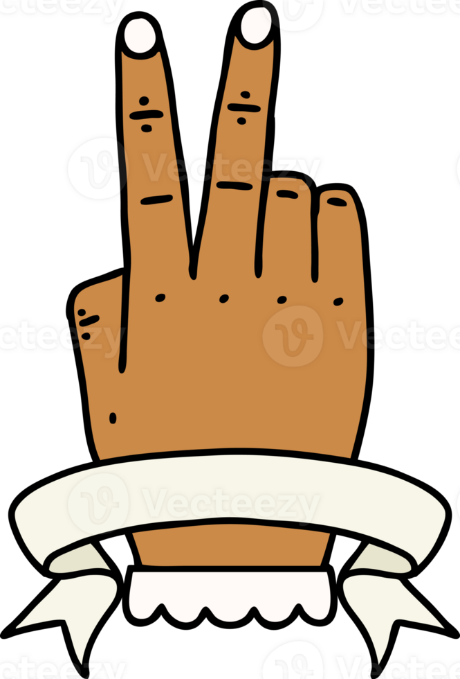 Retro Tattoo Style victory v hand gesture with banner png