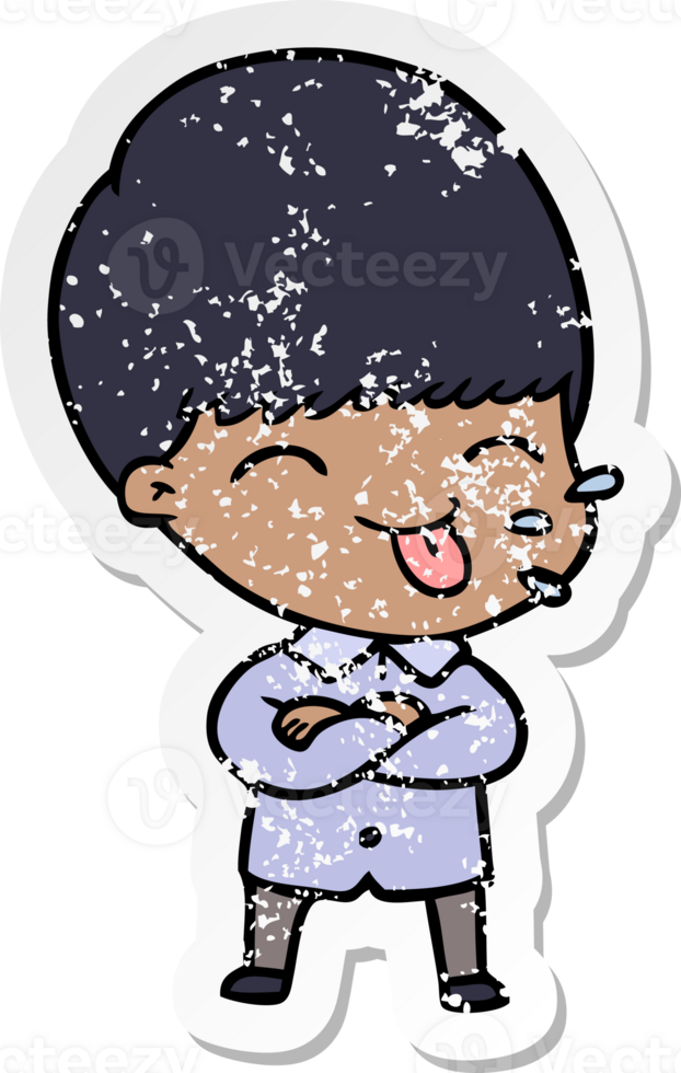 distressed sticker of a cartoon boy sticking out tongue png