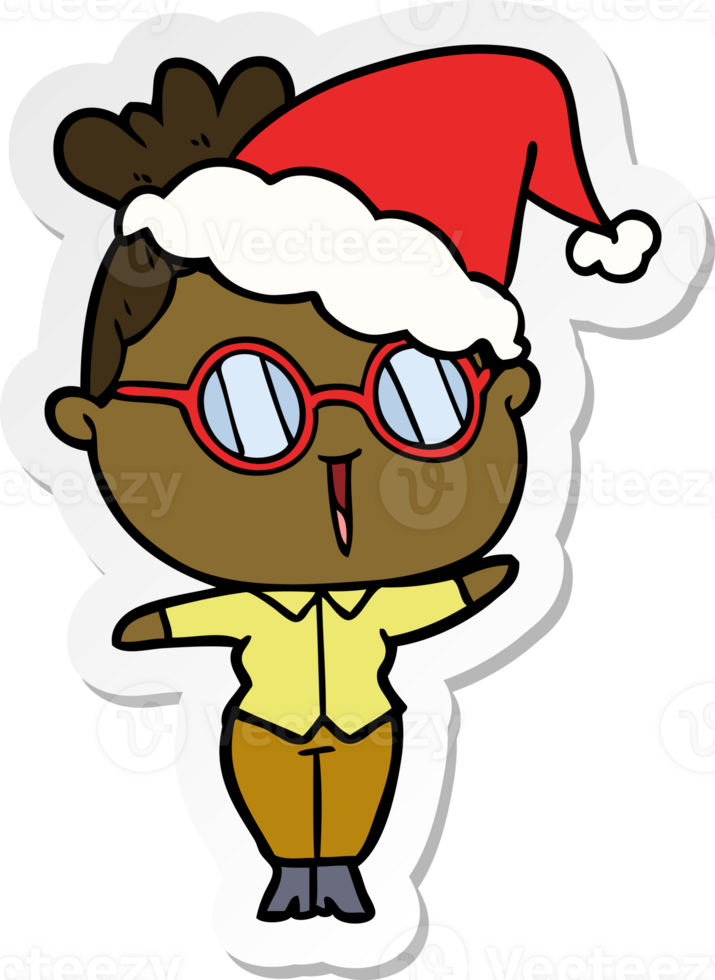 hand drawn sticker cartoon of a woman wearing spectacles wearing santa hat png
