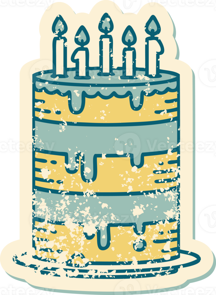 iconic distressed sticker tattoo style image of a birthday cake png