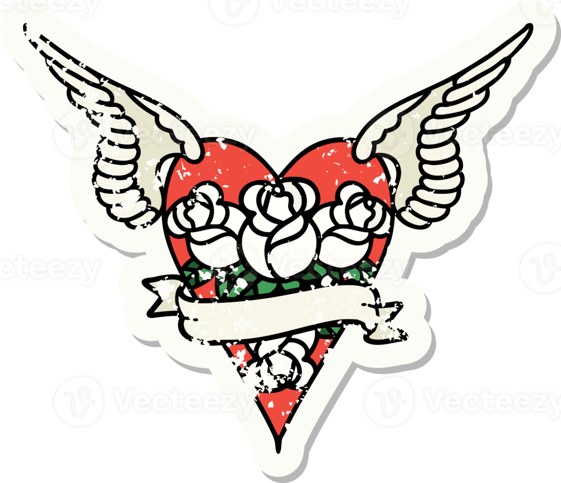 distressed sticker tattoo in traditional style of a flying heart with flowers and banner png